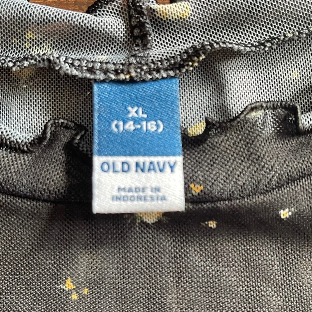Old Navy Kids Girl XL 14-16 Black Floral Sheer Mesh Long Sleeve Lettuce Edge Top
